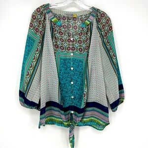 Figueroa & Flower Blouse Teal Blue Tie Front Button Business Lightweight Medium
